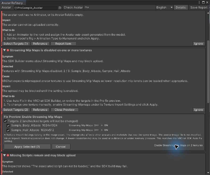 Pro fix preview lists two textures and shows Streaming Mip Maps changing from off to on for each.